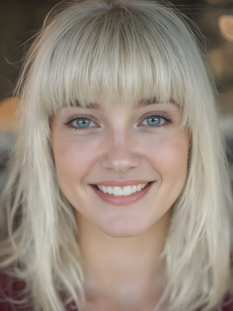 create a very realistic girl for myself, with straight white hair, bangs cut. She smiles and has a beautiful, round face with full, plump red lips and white teeth, the skin is flawlessly beautiful with a soft skin tone, her mouth is slightly open, she has beautiful emerald green eyes