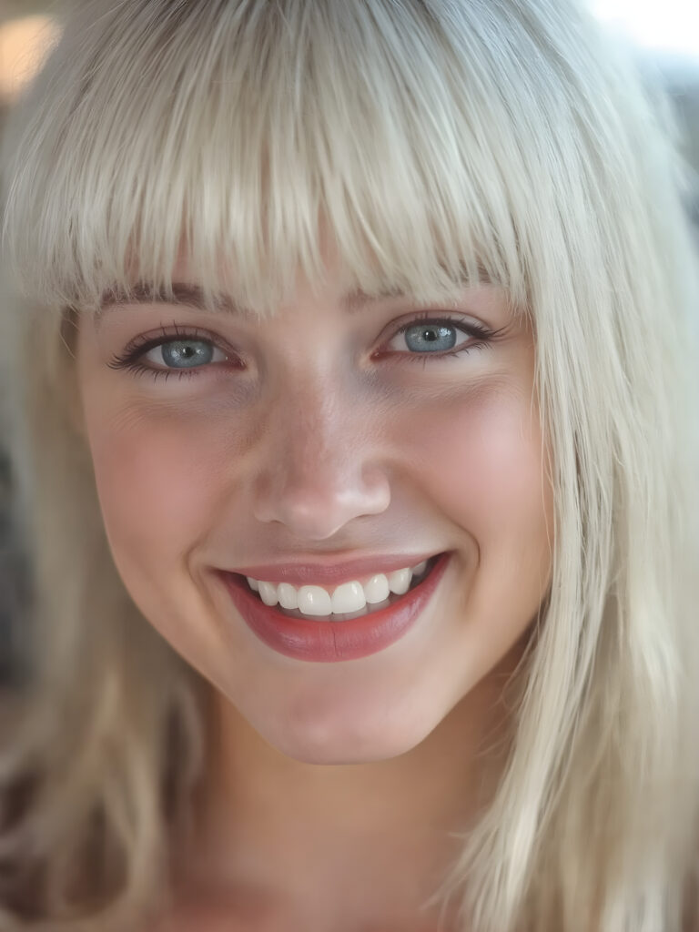 create a very realistic girl for myself, with straight white hair, bangs cut. She smiles and has a beautiful, round face with full, plump red lips and white teeth, the skin is flawlessly beautiful with a soft skin tone, her mouth is slightly open, she has beautiful emerald green eyes