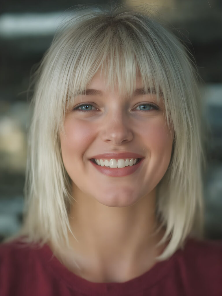 create a very realistic girl for myself, with straight white hair. She smiles and has a beautiful, round face with full, plump red lips and white teeth. Her nose is perfect and small. Her mouth is slightly open.