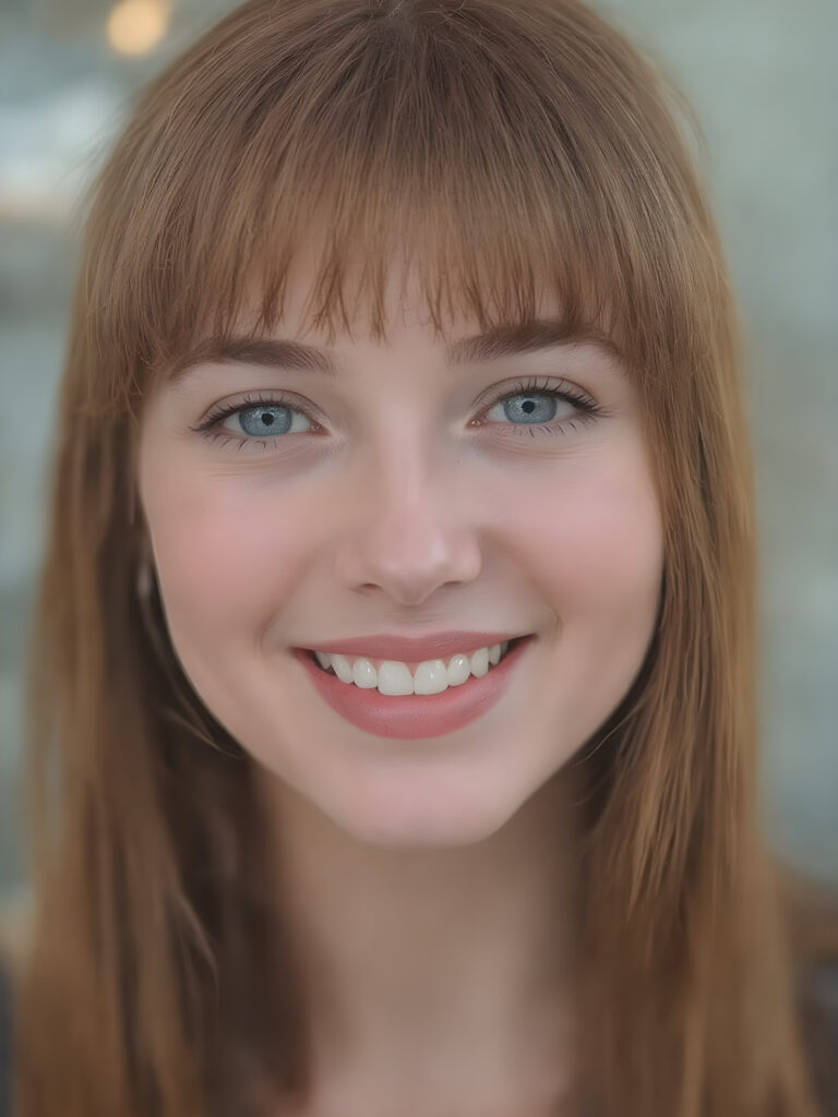 create a very realistic girl for myself, with straight copper red super realistic detailed soft hair, bangs cut. She smiles and has a beautiful, round face with full, plump red lips and white teeth, the skin is flawlessly beautiful with a soft skin tone, her mouth is slightly open, she has beautiful emerald green eyes