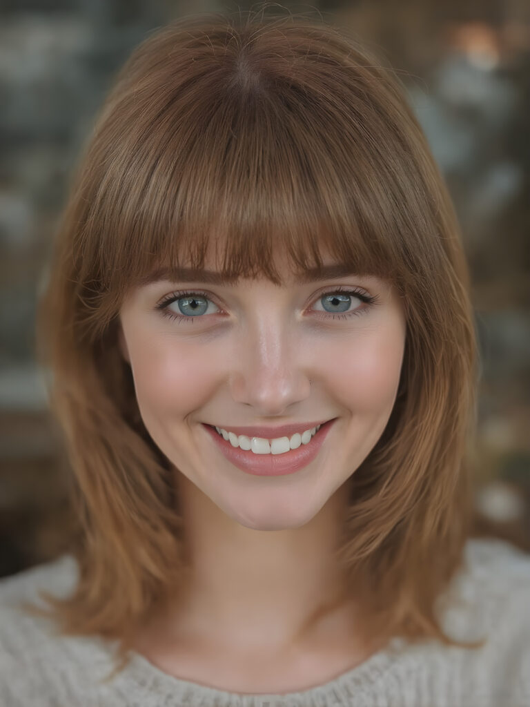 create a very realistic girl for myself, with straight copper red super realistic detailed soft hair, bangs cut. She smiles and has a beautiful, round face with full, plump red lips and white teeth, the skin is flawlessly beautiful with a soft skin tone, her mouth is slightly open, she has beautiful emerald green eyes