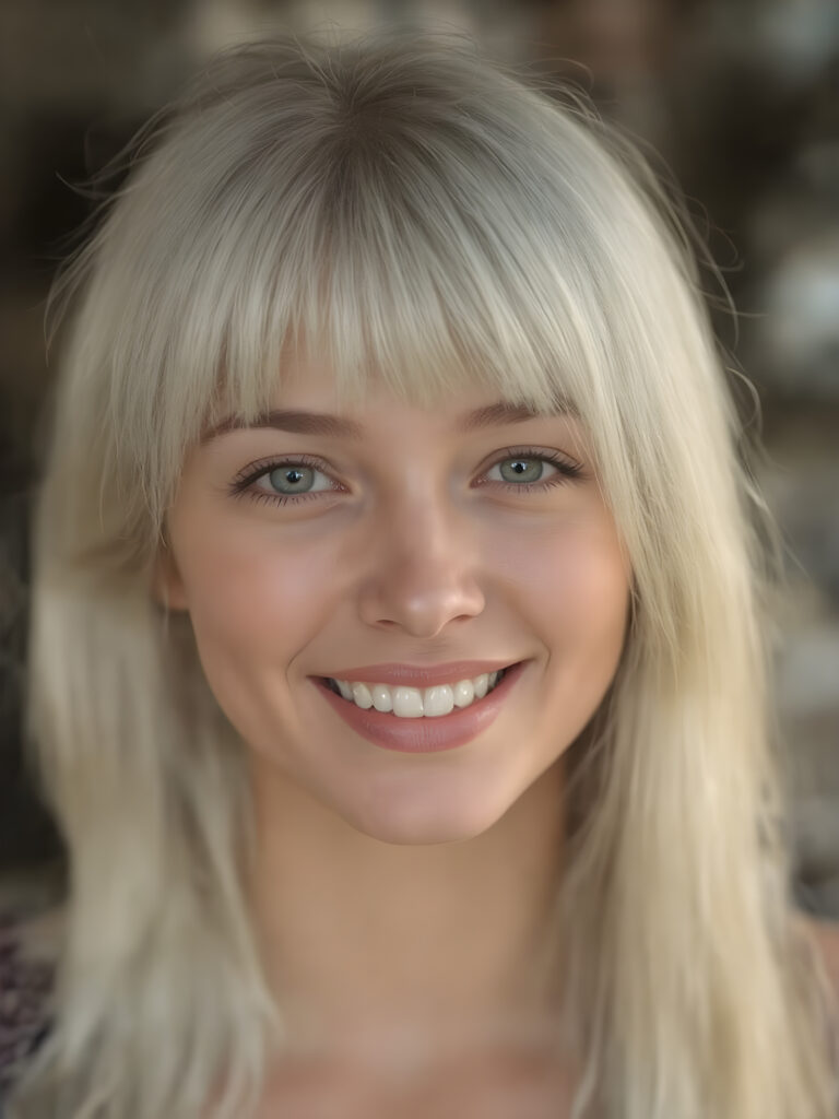 create a very realistic girl for myself, with straight white hair. She smiles and has a beautiful, round face with full, plump red lips and white teeth. Her nose is perfect and small. Her mouth is slightly open.