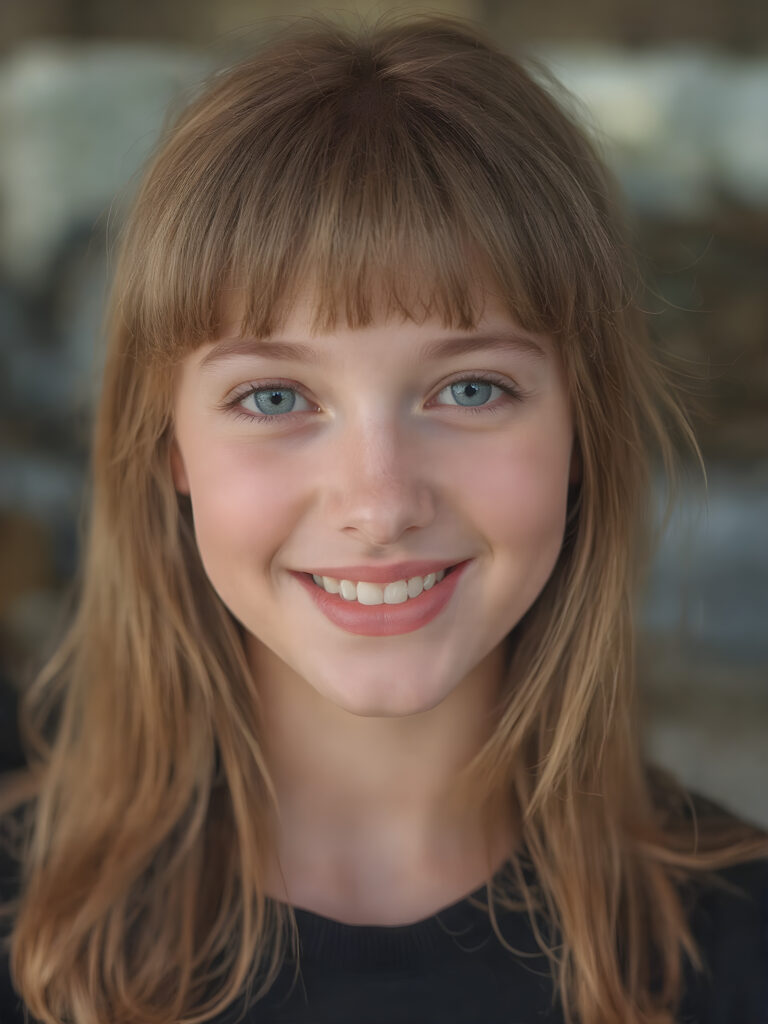 create a very realistic girl for myself, with straight copper red super realistic detailed soft hair, bangs cut. She smiles and has a beautiful, round face with full, plump red lips and white teeth, the skin is flawlessly beautiful with a soft skin tone, her mouth is slightly open, she has beautiful emerald green eyes