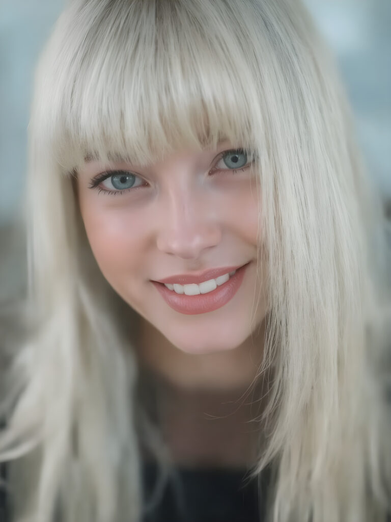 create a very realistic girl for myself, with straight white hair, bangs cut. She smiles and has a beautiful, round face with full, plump red lips and white teeth, the skin is flawlessly beautiful with a soft skin tone, her mouth is slightly open, she has beautiful emerald green eyes