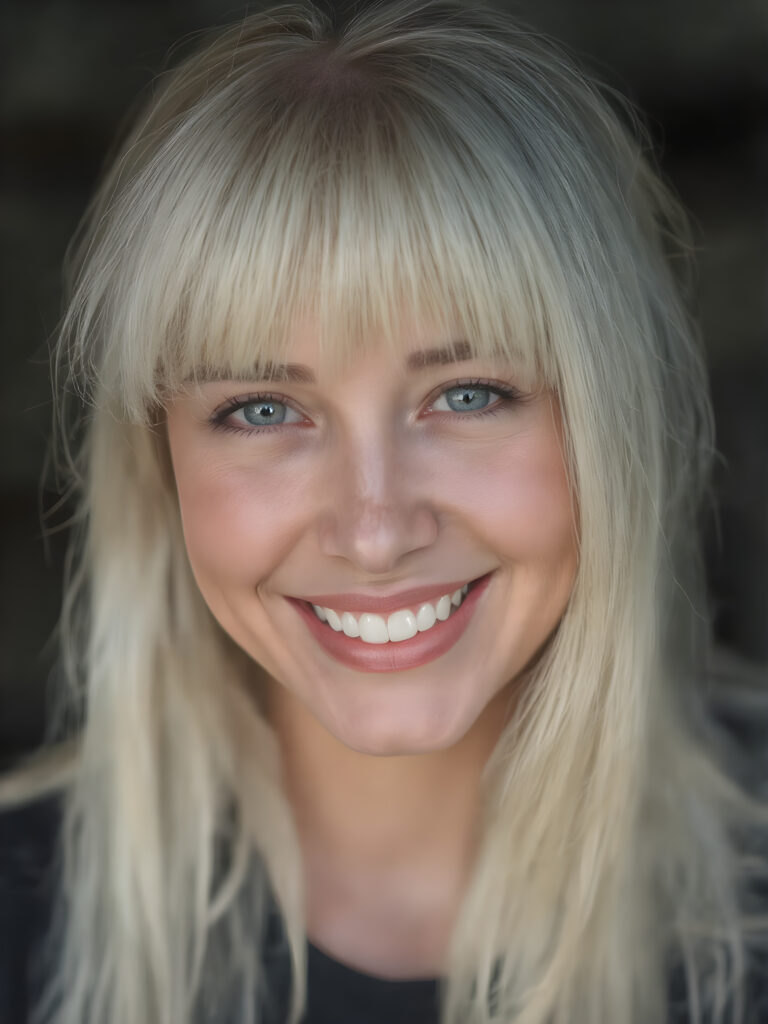 create a very realistic girl for myself, with straight white hair. She smiles and has a beautiful, round face with full, plump red lips and white teeth. Her nose is perfect and small. Her mouth is slightly open.