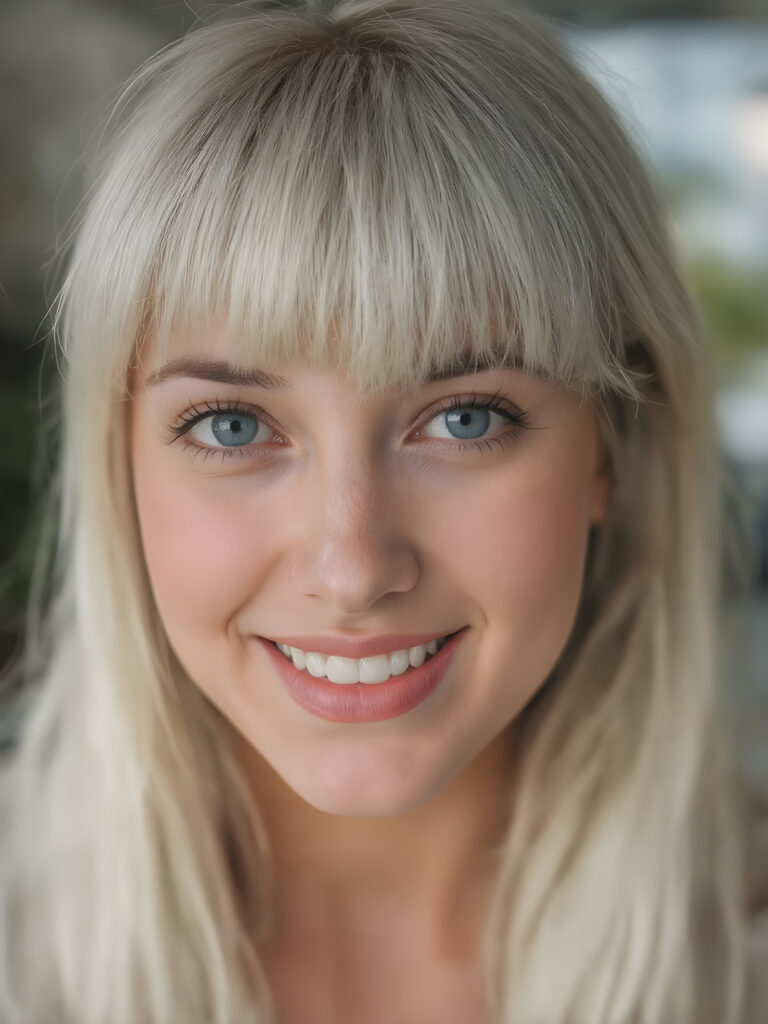 create a very realistic girl for myself, with straight white hair, bangs cut. She smiles and has a beautiful, round face with full, plump red lips and white teeth, the skin is flawlessly beautiful with a soft skin tone, her mouth is slightly open, she has beautiful emerald green eyes