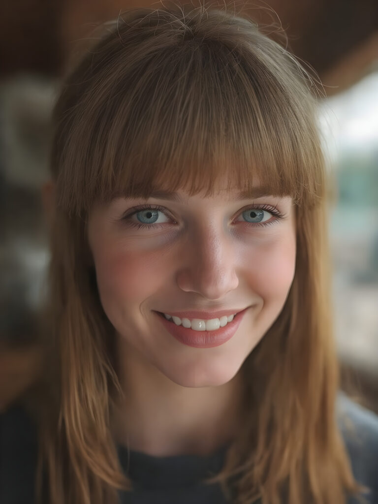 create a very realistic girl for myself, with straight copper red super realistic detailed soft hair, bangs cut. She smiles and has a beautiful, round face with full, plump red lips and white teeth, the skin is flawlessly beautiful with a soft skin tone, her mouth is slightly open, she has beautiful emerald green eyes