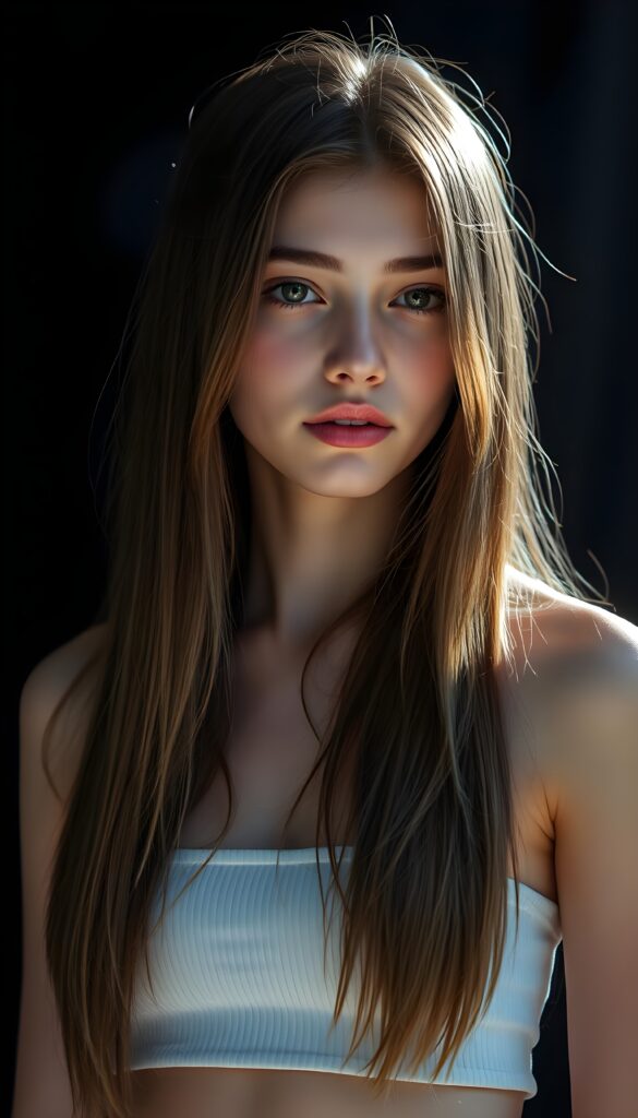 create an image: of a gorgeous, stunning young teen girl, long, straight and smooth hazelnut hair, wears a short cropped string tank top, ((full lips)) perfect shadows and lights, (black background with bright blue flashes) ((full body)).