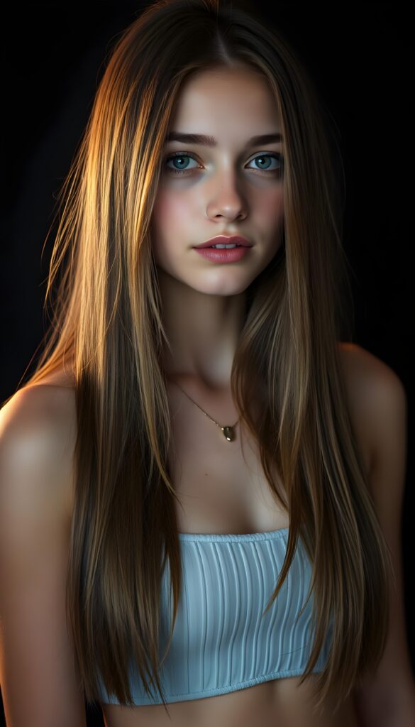 create an image: of a gorgeous, stunning young teen girl, long, straight and smooth hazelnut hair, wears a short cropped string tank top, ((full lips)) perfect shadows and lights, (black background with bright blue flashes) ((full body)).