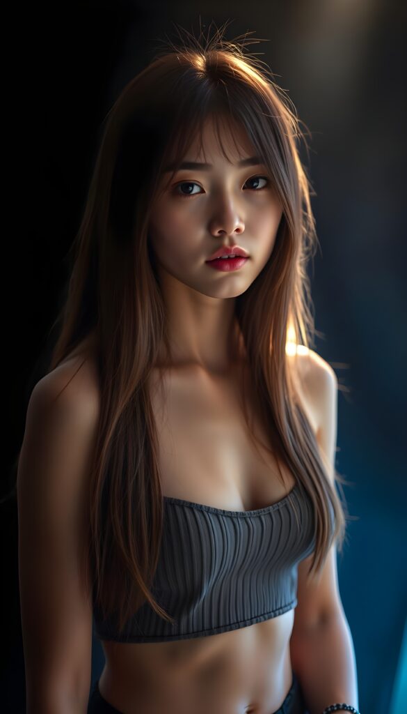 create an image: of a gorgeous, stunning young teen girl, long, straight and smooth hazelnut hair, wears a short cropped string tank top, ((full lips)) perfect shadows and lights, (black background with bright blue flashes) ((full body)).
