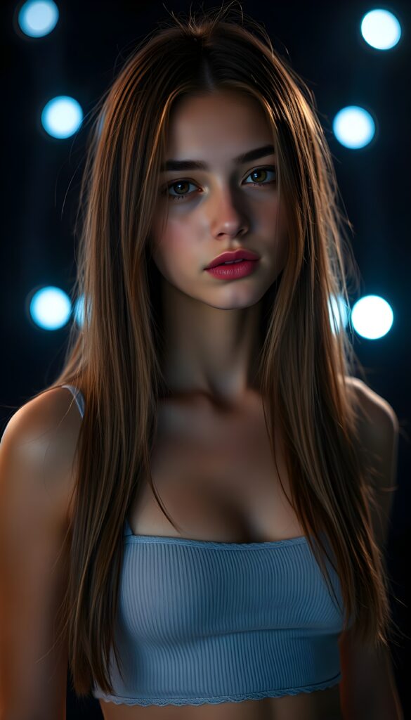 create an image: of a gorgeous, stunning young teen girl, long, straight and smooth hazelnut hair, wears a short cropped string tank top, ((full lips)) perfect shadows and lights, (black background with bright blue flashes) ((full body)).