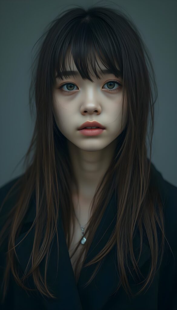 create detailed pictures: a teen emo girl with long, soft brown straight hair in bangs and amber eyes, exuding a sense of sadness and loneliness, tears streaming down her face, black coat, (grey background)