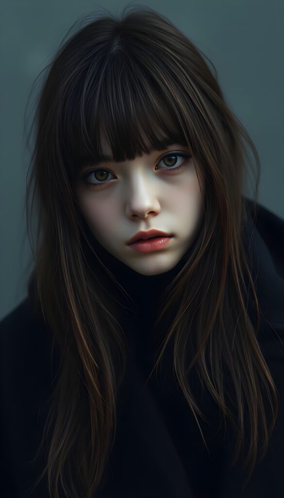 create detailed pictures: a teen emo girl with long, soft brown straight hair in bangs and amber eyes, exuding a sense of sadness and loneliness, tears streaming down her face, black coat, (grey background)