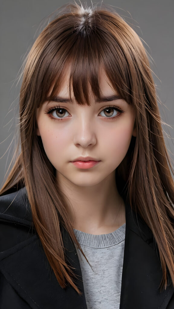 create detailed pictures: a (((teen emo girl with long, soft brown straight hair in bangs and amber eyes, exuding a sense of sadness and loneliness, tears streaming down her face, black coat, (grey background)