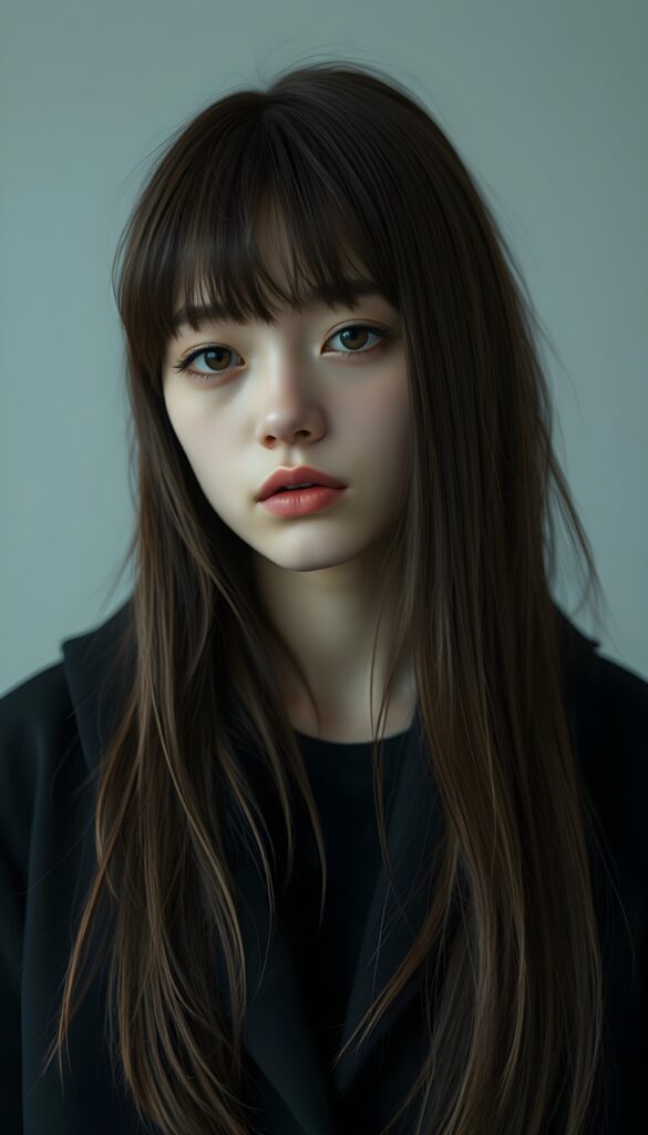 create detailed pictures: a teen emo girl with long, soft brown straight hair in bangs and amber eyes, exuding a sense of sadness and loneliness, tears streaming down her face, black coat, (grey background)