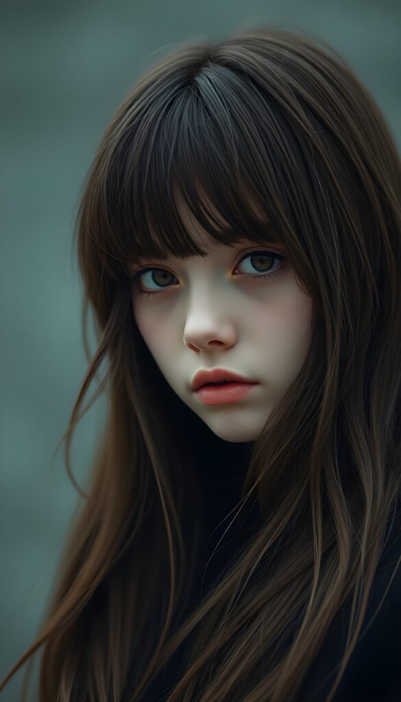 create detailed pictures: a teen emo girl with long, soft brown straight hair in bangs and amber eyes, exuding a sense of sadness and loneliness, tears streaming down her face, black coat, (grey background)