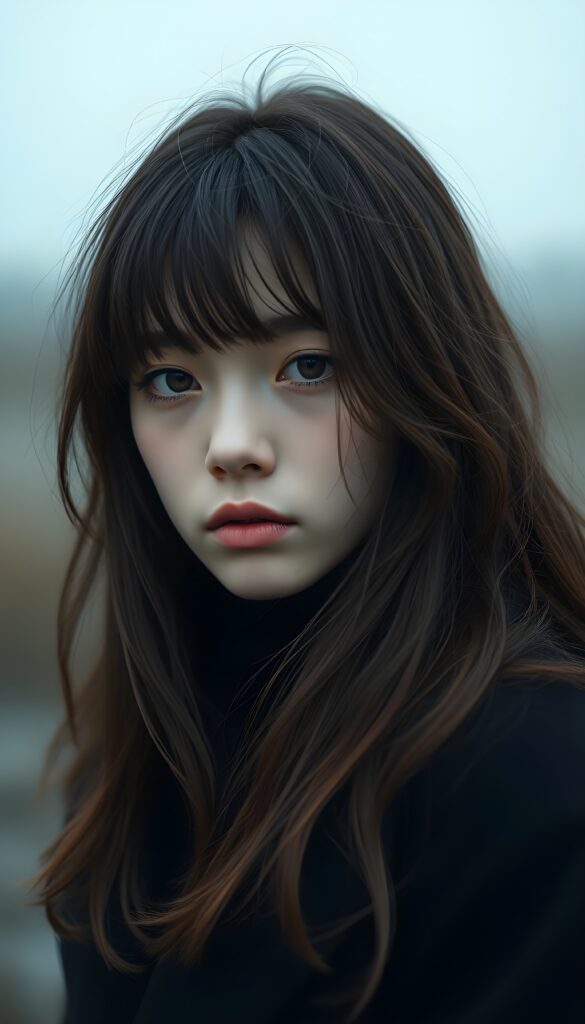 create detailed pictures: a teen emo girl with long, soft brown straight hair in bangs and amber eyes, exuding a sense of sadness and loneliness, tears streaming down her face, black coat, (grey background)