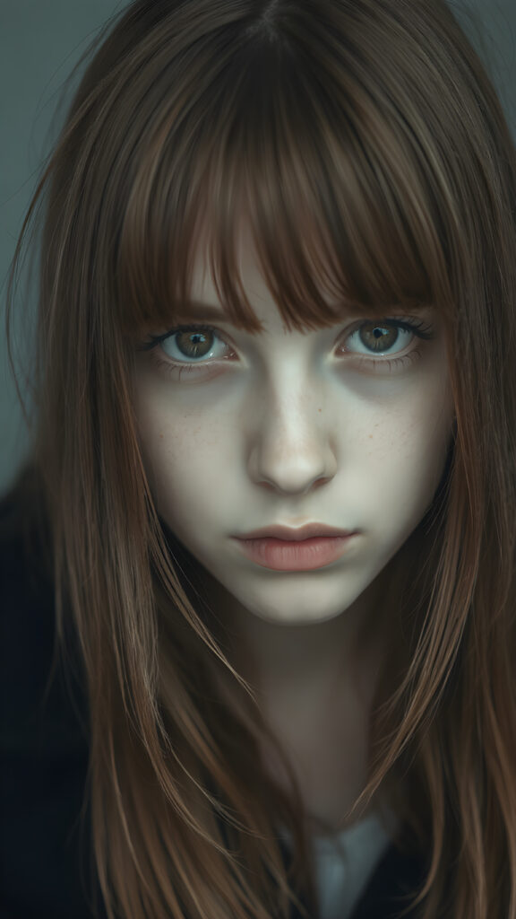 create detailed pictures: a (((teen emo girl with long, soft brown straight hair in bangs and amber eyes, exuding a sense of sadness and loneliness, tears streaming down her face, black coat, (grey background)