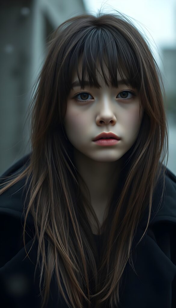 create detailed pictures: a teen emo girl with long, soft brown straight hair in bangs and amber eyes, exuding a sense of sadness and loneliness, tears streaming down her face, black coat, (grey background)