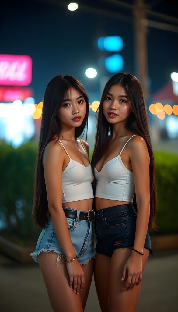 (((cute))) (((gorgeous))) ((female model)) ((stunning)) ((two very pretty young teen girls)), straight hair, perfect realistic body, dressed in a form-fitting low cut white crop top, super short mini skirt, stand next to each other in a friendly pose