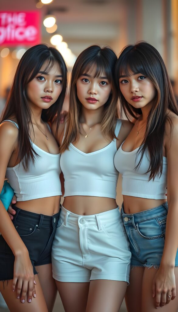 (((cute))) (((gorgeous))) ((female model)) ((stunning)) ((three very pretty young teen girls)), straight hair, perfect realistic body, dressed in a form-fitting low cut white crop top, super short mini skirt, stand next to each other in a friendly pose