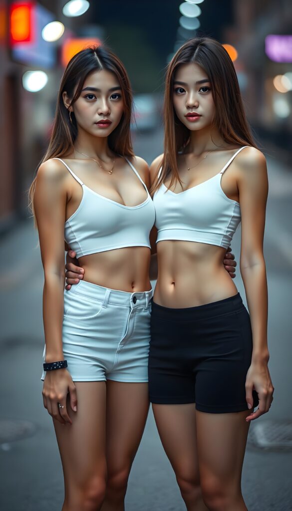 (((cute))) (((gorgeous))) ((female model)) ((stunning)) ((two very pretty young teen girls)), straight hair, perfect realistic body, dressed in a form-fitting low cut white crop top, super short mini skirt, stand next to each other in a friendly pose