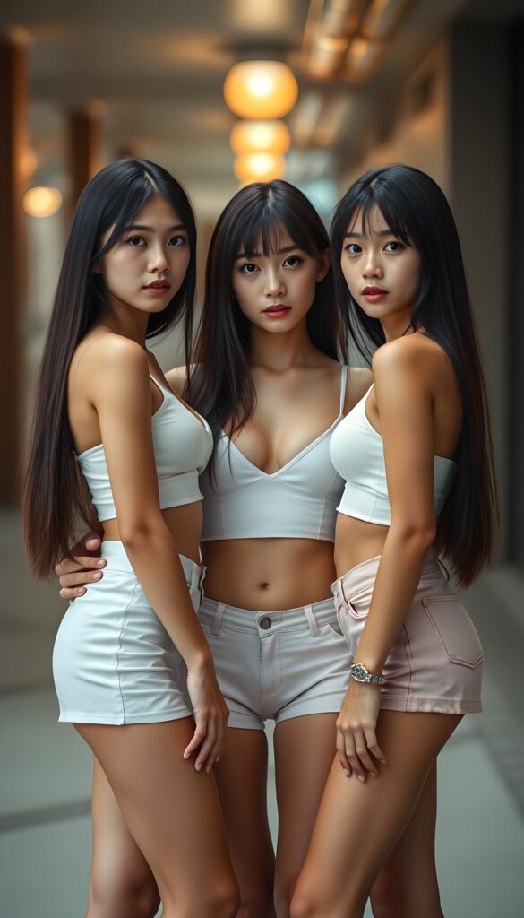 (((cute))) (((gorgeous))) ((female model)) ((stunning)) ((three very pretty young teen girls)), straight hair, perfect realistic body, dressed in a form-fitting low cut white crop top, super short mini skirt, stand next to each other in a friendly pose