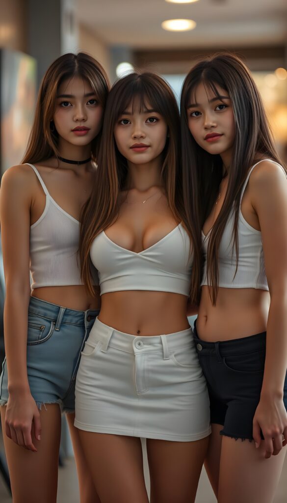 (((cute))) (((gorgeous))) ((female model)) ((stunning)) ((three very pretty young teen girls)), straight hair, perfect realistic body, dressed in a form-fitting low cut white crop top, super short mini skirt, stand next to each other in a friendly pose