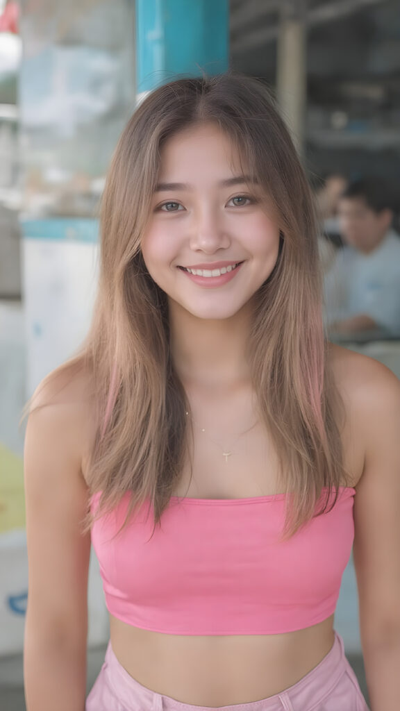 (((cute))) ((stunning)) a ((beautiful)) (gorgeous) teenage girl, ((perfect body)) ((perfect face)), ((wears a pink form-fitting tight cropped Tank Top, accentuating her (((navel))))) and ((loose fitting pink jean shorts)) ((smiling)) ((sunny)) ((beautiful long straight jet neon pink hair)), ((thick eyebrows)), ((full lips)) (((perfect large cute eyes))), ((pretty face)), ((cute stabs)), ((perfect curvy body)), (((korean))))