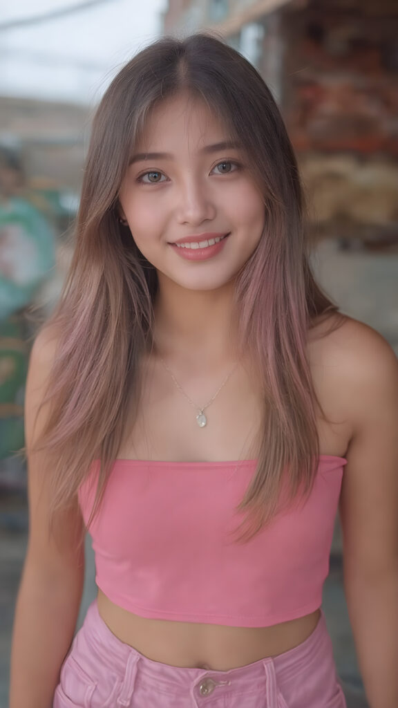 (((cute))) ((stunning)) a ((beautiful)) (gorgeous) teenage girl, ((perfect body)) ((perfect face)), ((wears a pink form-fitting tight cropped Tank Top, accentuating her (((navel))))) and ((loose fitting pink jean shorts)) ((smiling)) ((sunny)) ((beautiful long straight jet neon pink hair)), ((thick eyebrows)), ((full lips)) (((perfect large cute eyes))), ((pretty face)), ((cute stabs)), ((perfect curvy body)), (((korean))))