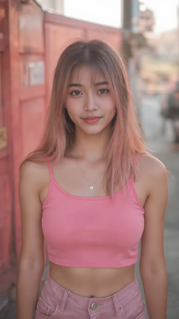 (((cute))) ((stunning)) a ((beautiful)) (gorgeous) teenage girl, ((perfect body)) ((perfect face)), ((wears a pink form-fitting tight cropped Tank Top, accentuating her (((navel))))) and ((loose fitting pink jean shorts)) ((smiling)) ((sunny)) ((beautiful long straight jet neon pink hair)), ((thick eyebrows)), ((full lips)) (((perfect large cute eyes))), ((pretty face)), ((cute stabs)), ((perfect curvy body)), (((korean))))