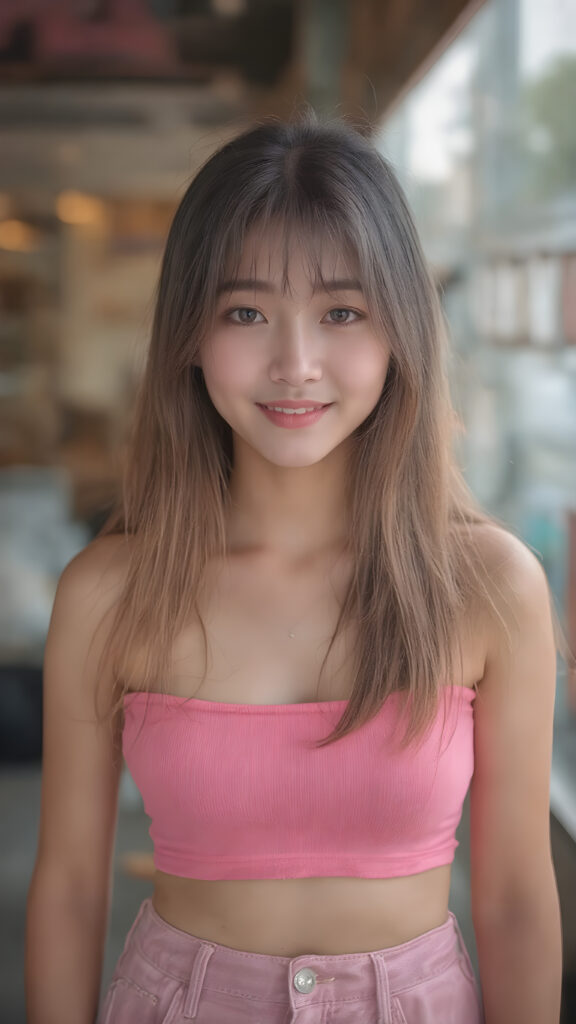 (((cute))) ((stunning)) a ((beautiful)) (gorgeous) teenage girl, ((perfect body)) ((perfect face)), ((wears a pink form-fitting tight cropped Tank Top, accentuating her (((navel))))) and ((loose fitting pink jean shorts)) ((smiling)) ((sunny)) ((beautiful long straight jet neon pink hair)), ((thick eyebrows)), ((full lips)) (((perfect large cute eyes))), ((pretty face)), ((cute stabs)), ((perfect curvy body)), (((korean))))