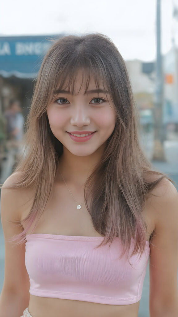(((cute))) ((stunning)) a ((beautiful)) (gorgeous) teenage girl, ((perfect body)) ((perfect face)), ((wears a pink form-fitting tight cropped Tank Top, accentuating her (((navel))))) and ((loose fitting pink jean shorts)) ((smiling)) ((sunny)) ((beautiful long straight jet neon pink hair)), ((thick eyebrows)), ((full lips)) (((perfect large cute eyes))), ((pretty face)), ((cute stabs)), ((perfect curvy body)), (((korean))))