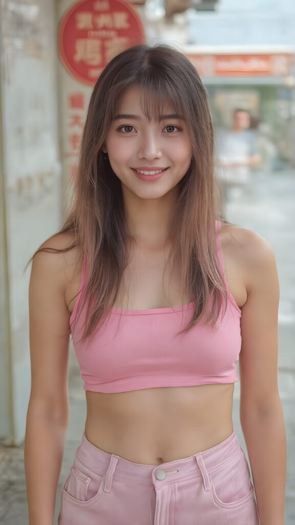 (((cute))) ((stunning)) a ((beautiful)) (gorgeous) teenage girl, ((perfect body)) ((perfect face)), ((wears a pink form-fitting tight cropped Tank Top, accentuating her (((navel))))) and ((loose fitting pink jean shorts)) ((smiling)) ((sunny)) ((beautiful long straight jet neon pink hair)), ((thick eyebrows)), ((full lips)) (((perfect large cute eyes))), ((pretty face)), ((cute stabs)), ((perfect curvy body)), (((korean))))