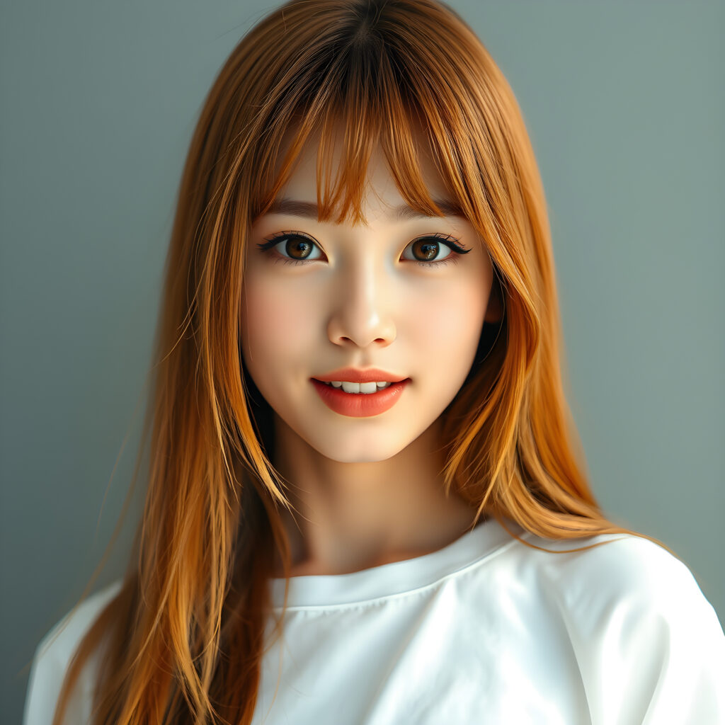cute teen girl, Korea styled bangs, perfect curved body, ultra realistic face, realistic amber eyes, slightly open mouth, white teeth, ((detailed orange soft long straight open hair same length right and left, falls down to her body)), ((white t-shirt)), a stunning photo with beautiful saturation, ultra high resolution, deep shadow, (best quality, masterpiece)