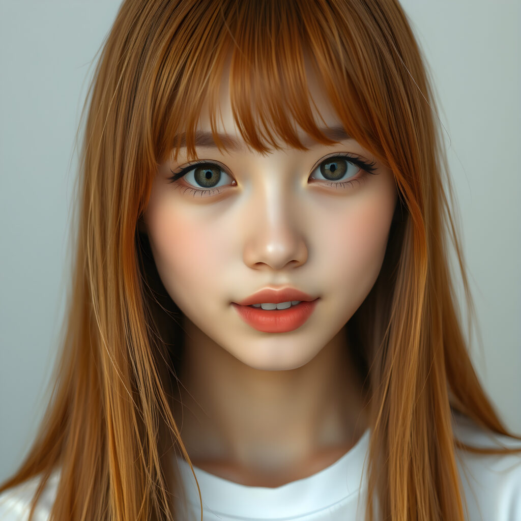 cute teen girl, Korea styled bangs, perfect curved body, ultra realistic face, realistic amber eyes, slightly open mouth, white teeth, ((detailed orange soft long straight open hair same length right and left, falls down to her body)), ((white t-shirt)), a stunning photo with beautiful saturation, ultra high resolution, deep shadow, (best quality, masterpiece)