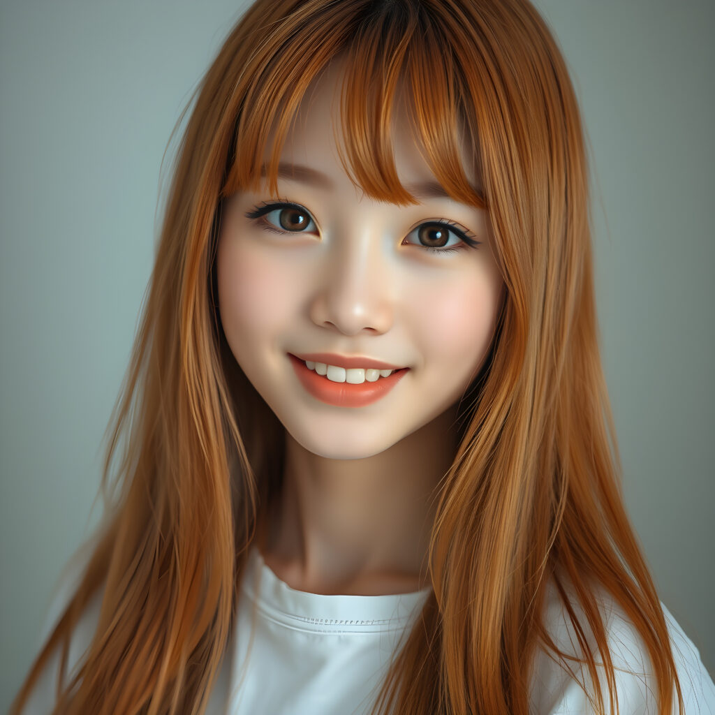 cute teen girl, Korea styled bangs, perfect curved body, ultra realistic face, realistic amber eyes, slightly open mouth, white teeth, ((detailed orange soft long straight open hair same length right and left, falls down to her body)), ((white t-shirt)), a stunning photo with beautiful saturation, ultra high resolution, deep shadow, (best quality, masterpiece)