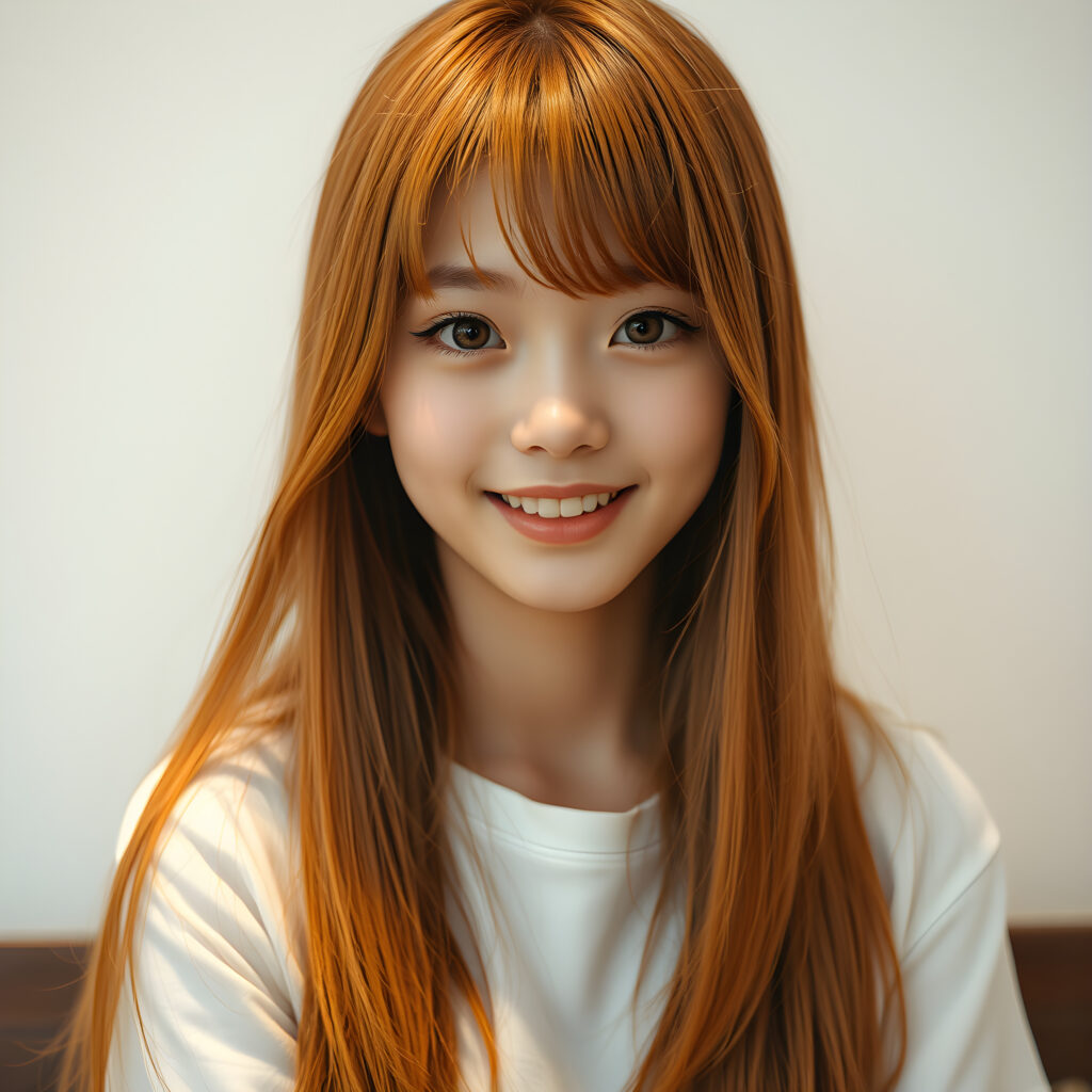 cute teen girl, Korea styled bangs, perfect curved body, ultra realistic face, realistic amber eyes, slightly open mouth, white teeth, ((detailed orange soft long straight open hair same length right and left, falls down to her body)), ((white t-shirt)), a stunning photo with beautiful saturation, ultra high resolution, deep shadow, (best quality, masterpiece)
