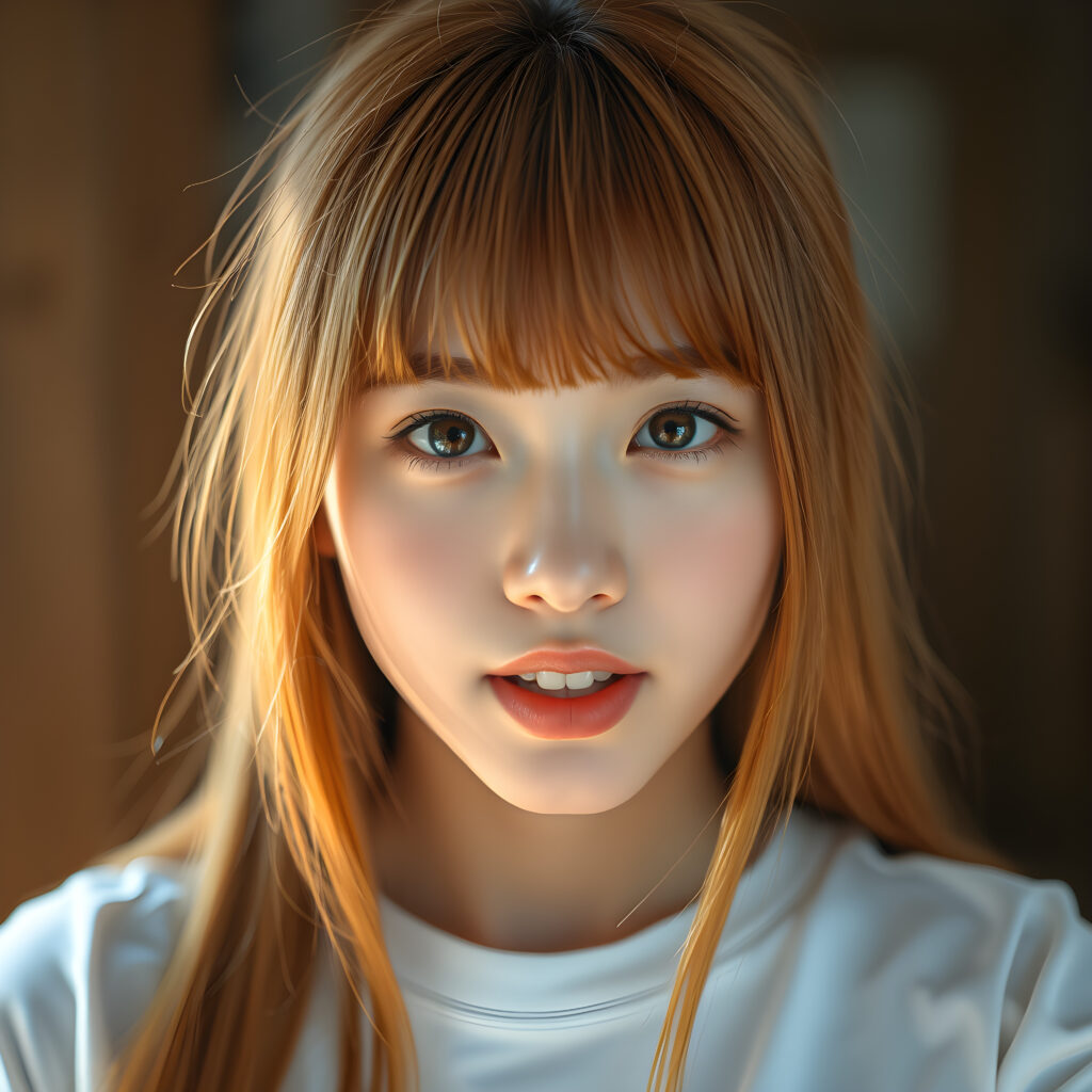 cute teen girl, Korea styled bangs, perfect curved body, ultra realistic face, realistic amber eyes, slightly open mouth, white teeth, ((detailed orange soft long straight open hair same length right and left, falls down to her body)), ((white t-shirt)), a stunning photo with beautiful saturation, ultra high resolution, deep shadow, (best quality, masterpiece)