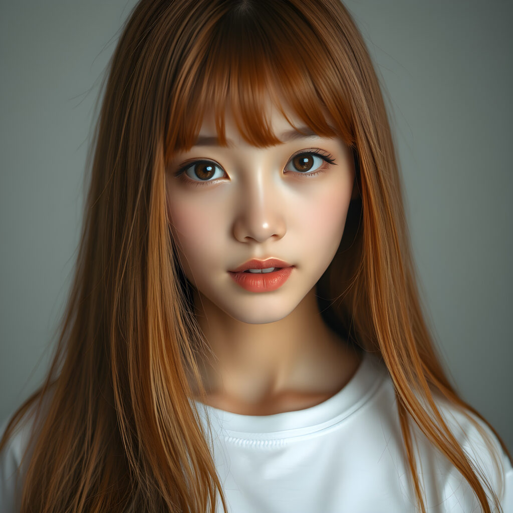 cute teen girl, Korea styled bangs, perfect curved body, ultra realistic face, realistic amber eyes, slightly open mouth, white teeth, ((detailed orange soft long straight open hair same length right and left, falls down to her body)), ((white t-shirt)), a stunning photo with beautiful saturation, ultra high resolution, deep shadow, (best quality, masterpiece)