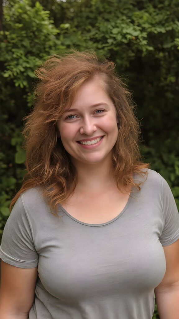 cute young adult teen girl ((full-figured)) with long messy frizzy curly voluminous ginger hair, she wears a cute gray top, perfect curved fit body, she smiles charismatically, natural green backdrop