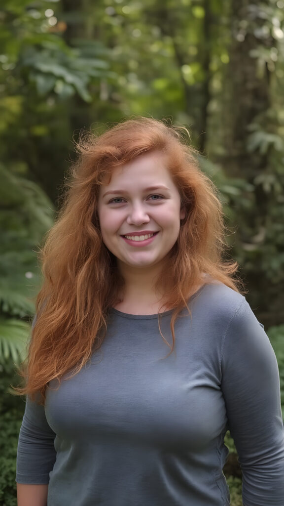 cute young adult teen girl ((full-figured)) with long messy frizzy curly voluminous ginger hair, she wears a cute gray top, perfect curved fit body, she smiles charismatically, natural green backdrop