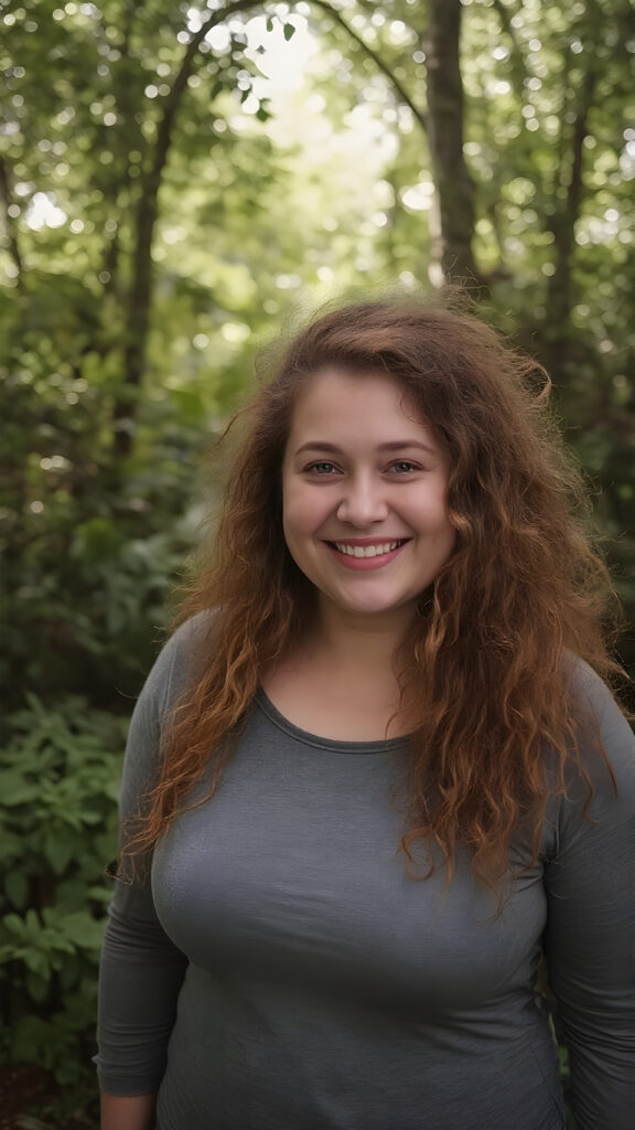 cute young adult teen girl ((full-figured)) with long messy frizzy curly voluminous ginger hair, she wears a cute gray top, perfect curved fit body, she smiles charismatically, natural green backdrop