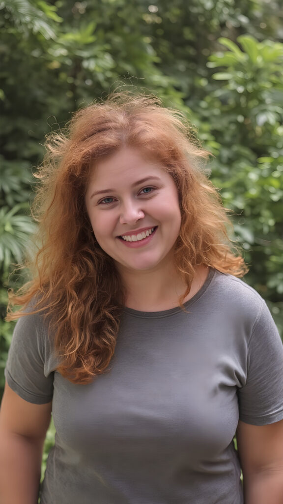 cute young adult teen girl ((full-figured)) with long messy frizzy curly voluminous ginger hair, she wears a cute gray top, perfect curved fit body, she smiles charismatically, natural green backdrop