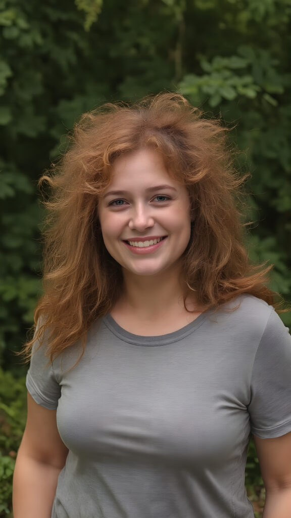 cute young adult teen girl ((full-figured)) with long messy frizzy curly voluminous ginger hair, she wears a cute gray top, perfect curved fit body, she smiles charismatically, natural green backdrop