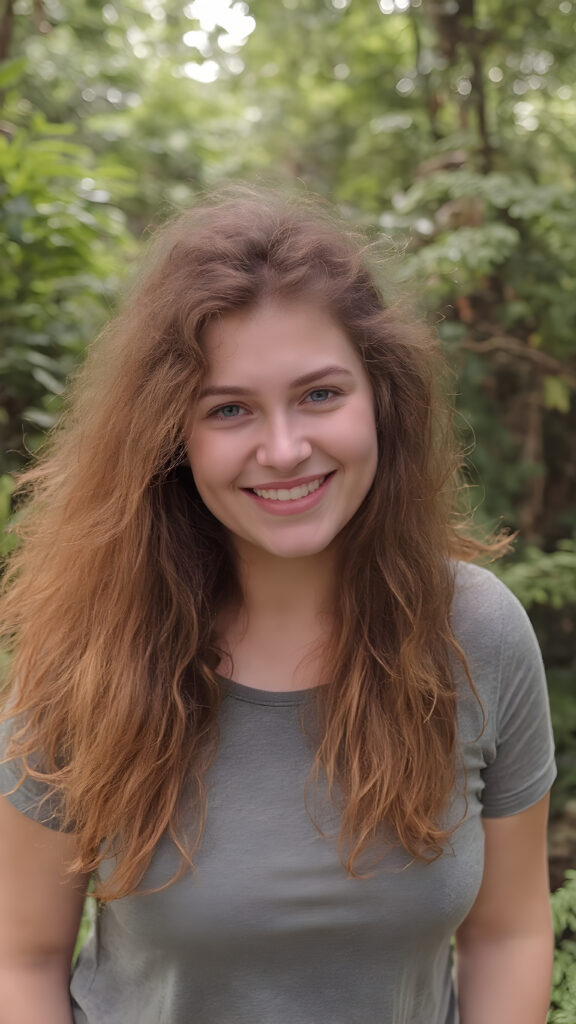 cute young adult teen girl ((full-figured)) with long messy frizzy curly voluminous ginger hair, she wears a cute gray top, perfect curved fit body, she smiles charismatically, natural green backdrop