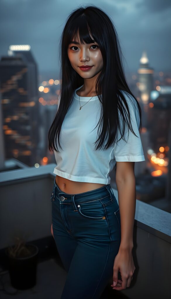detailed an realistic photo: a girl with ((long, straight black hair)) and ((dark, realistically beautiful eyes)), dressed in a ((blue short tight jeans)) and a ((white, short, plain tight t-shirt)), with a ((realistically beautiful smile)), belly button, in the backdrop is a skyline by night, she is standing on a rooftop terrace high above the city.