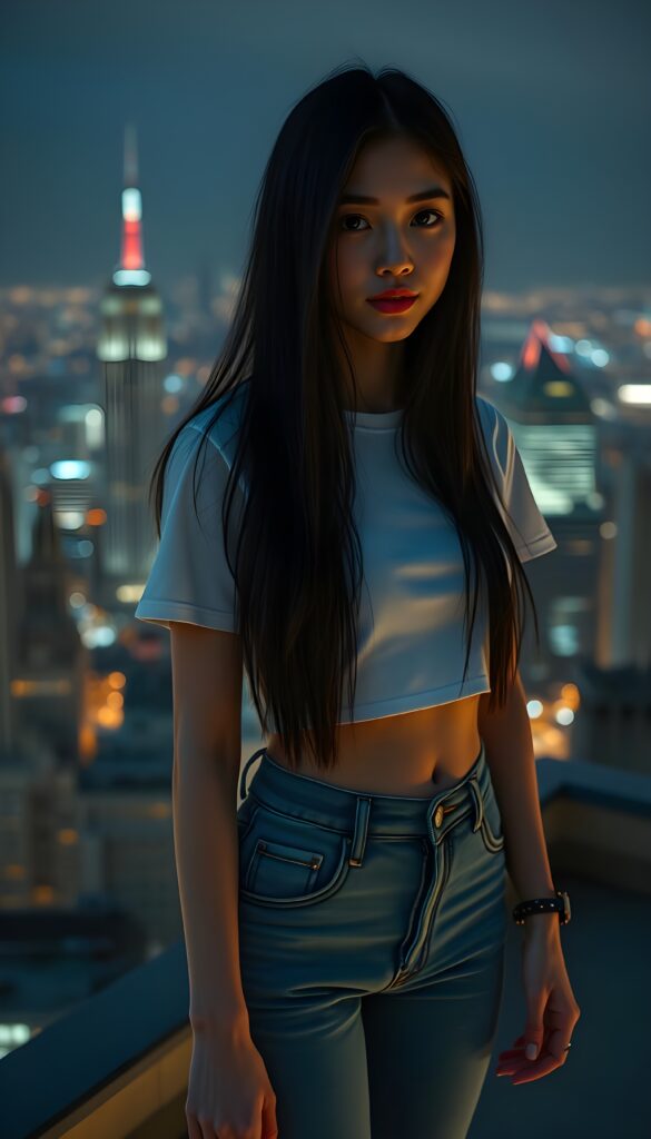 detailed an realistic photo: a girl with ((long, straight black hair)) and ((dark, realistically beautiful eyes)), dressed in a ((blue short tight jeans)) and a ((white, short, plain tight t-shirt)), with a ((realistically beautiful smile)), belly button, in the backdrop is a skyline by night, she is standing on a rooftop terrace high above the city.