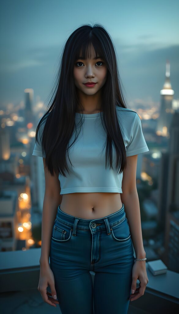 detailed an realistic photo: a girl with ((long, straight black hair)) and ((dark, realistically beautiful eyes)), dressed in a ((blue short tight jeans)) and a ((white, short, plain tight t-shirt)), with a ((realistically beautiful smile)), belly button, in the backdrop is a skyline by night, she is standing on a rooftop terrace high above the city.