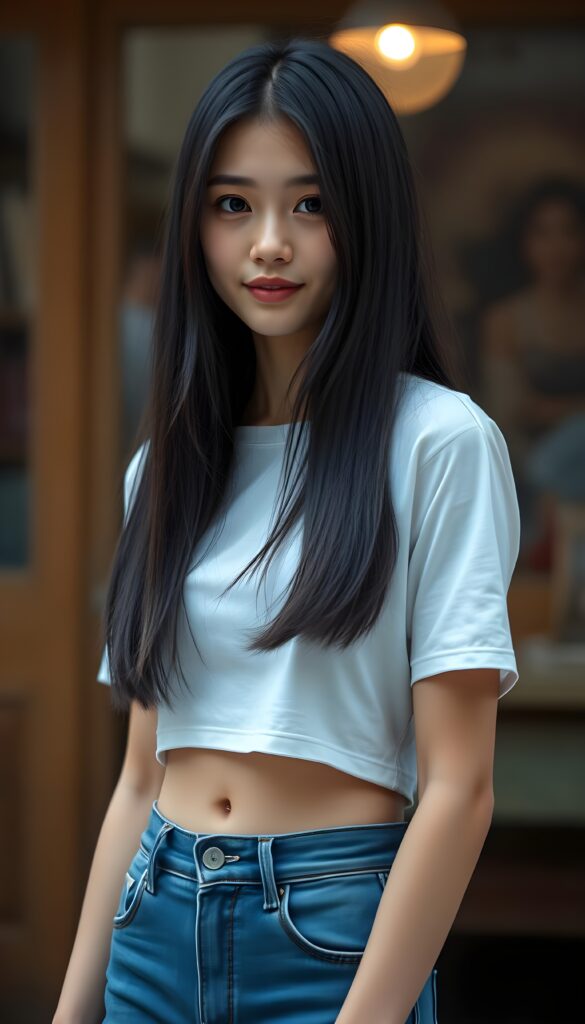 detailed an realistic (((black and white photo))): a girl with ((long, straight black hair)) and ((dark, realistically beautiful eyes)), dressed in a ((blue short tight jeans)) and a ((white, short, plain tight t-shirt)), with a ((realistically beautiful smile)), belly button.